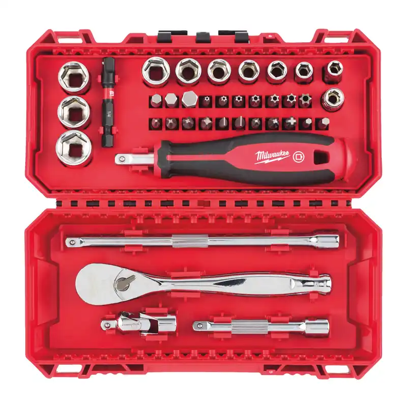 Veilig winkelen | Milwaukee Doppenset en ratel 1/4" FOUR FLAT (38-delig) in PACKOUT ready box