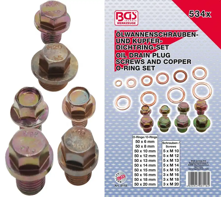 Nieuw - BGS-8118 Assortiment Carterpluggen met ringen 534-delig