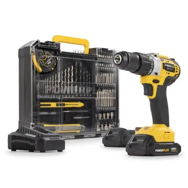Nieuwe release - PowerPlus Accu Klopboor-/Schroefmachine Brushless 20V – 60 Nm – incl. 2× 2,0Ah accu, lader & 78 accessoires