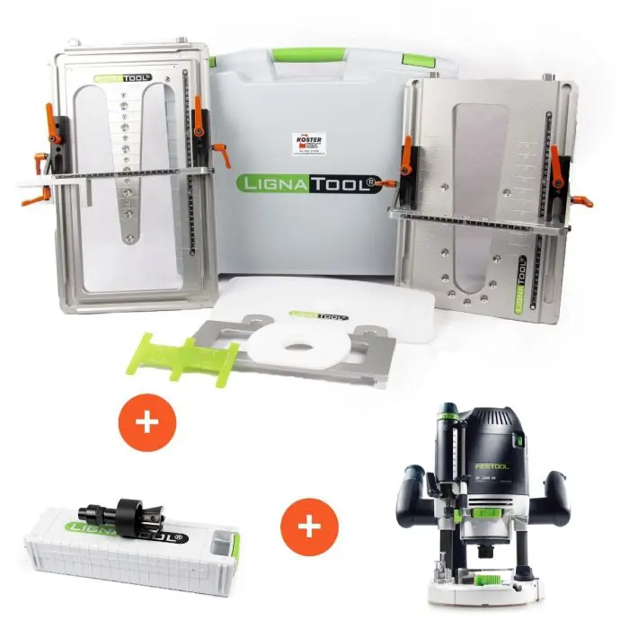 Bespaar nu - Lignatool zwaluwstaartfreesmal LT080(PR) Profipakket + Zwaluwstaart wisselmesfrees 15° + Festool OF2200 EB-plus