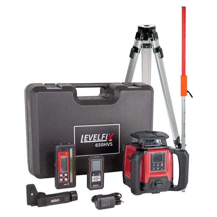 Bijna uitverkocht | Levelfix - 650HVS Bouwlaser - Volautomatische Rotatie Laser met Digitaal Afschot - Rood + Statief 1.8M + Meetbaak