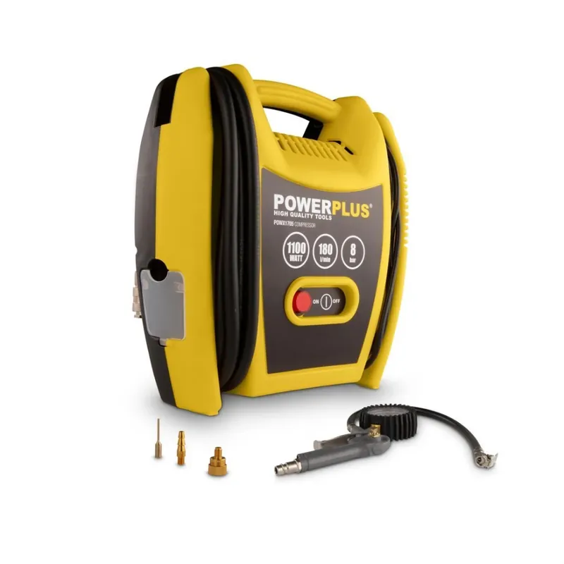 Topdeal | PowerPlus compressor olievrij 230V 1100W 8 bar 180l/min - set met 3m slang en 8 accessoires