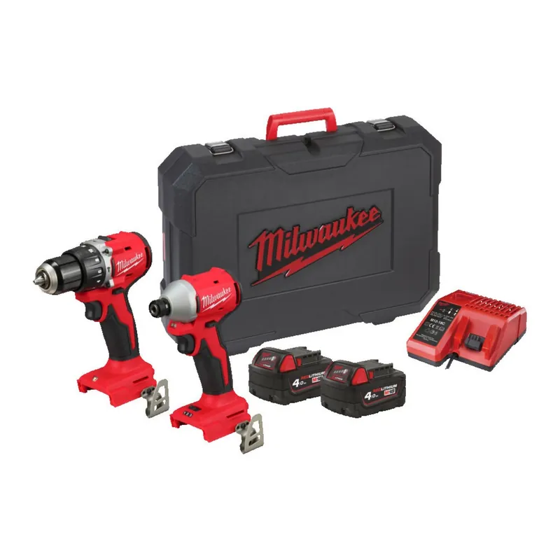 Gratis retourneren | Milwaukee M18 BLCPP2A-402C Compact Brushless Hammer Drill + Compact Brushless Impact Drill (2x 4.0Ah accu)